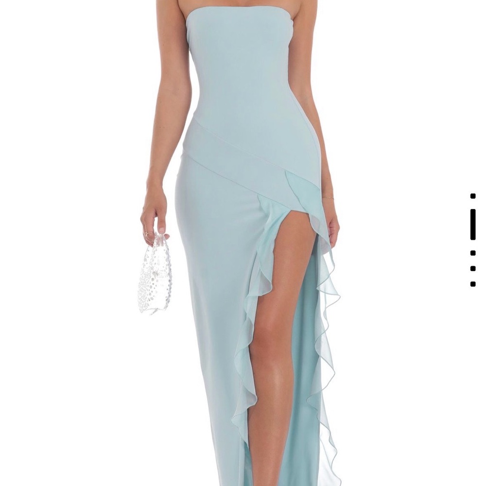 Lucy in the Sky Strapless Pale Blue Ruffle High-Slit Maxi Dress